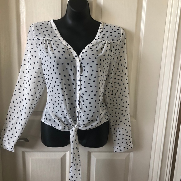 Pearl Tops - Sheer Navy Polka-dot with tie Size M
